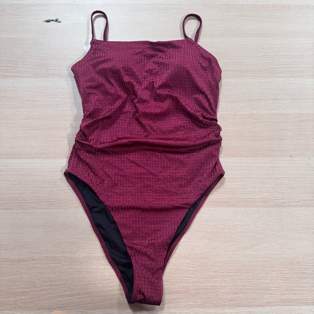 Berlook Textured Burgundy One-Piece Swimsuit with Adjustable Straps B08